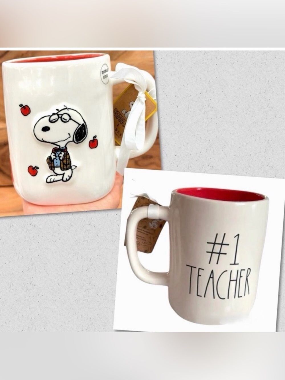 NWT Rae Dunn Peanuts Snoopy #1 TEACHER White Red embossed Ceramic 18 Oz Gift Mug